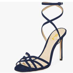FSJ Navy Strappy Open Toe Stiletto High Heels Ankle Wrap Cutout Dress Sandals